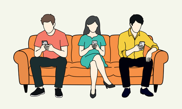 Three people sitting on orange sofa using smartphones. Modern technology addiction, digital isolation and social media concept. Flat illustration lifestyle.