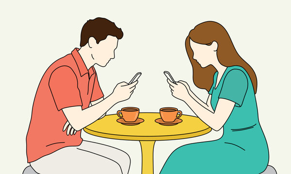 Man and woman sitting at yellow table using smartphones, ignoring each other, flat illustration showing digital isolation and phone addiction in relationships, communication problem concept