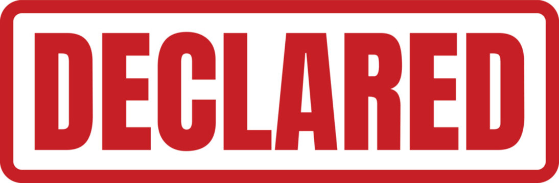 A bright red rubber stamp seal with the word declared written inside a rectangular frame