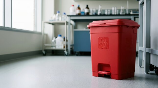 Red biohazard waste container on a laboratory floor. Hazardous disposal pedal bin in a medical research facility