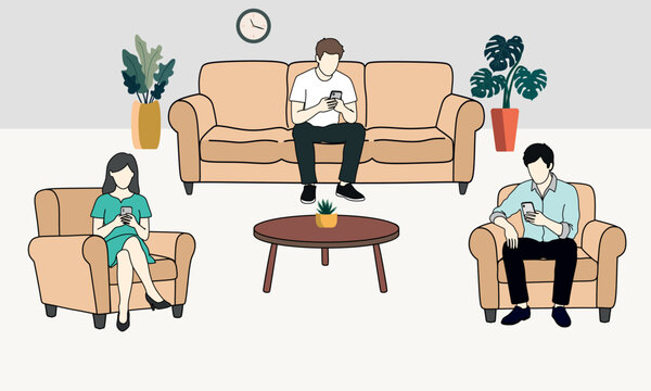 Three people sitting on beige furniture in waiting area, each using smartphone, flat illustration showing digital isolation and modern social behavior, waiting room or lounge concept with plants
