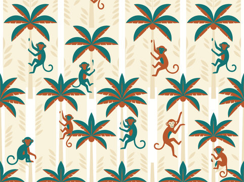 Tropical jungle pattern with monkeys climbing palm trees in flat style