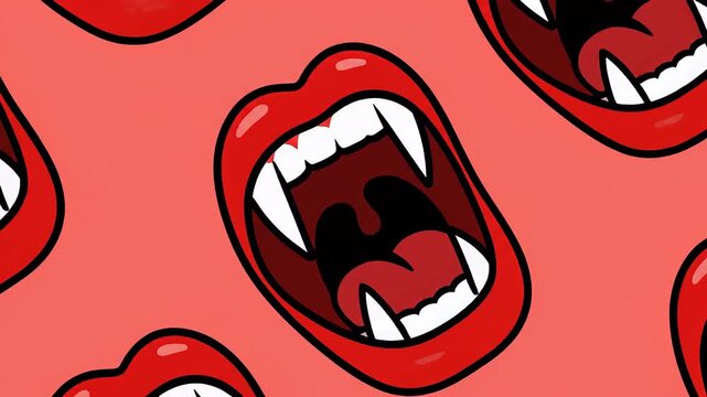 Seamless Halloween pattern with screaming vampire mouths, sharp white fangs and red lips on coral background. Bold spooky cartoon design for horror party decor.