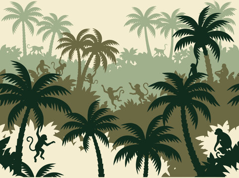 Tropical Jungle Silhouette Pattern with Monkeys and Palm Trees