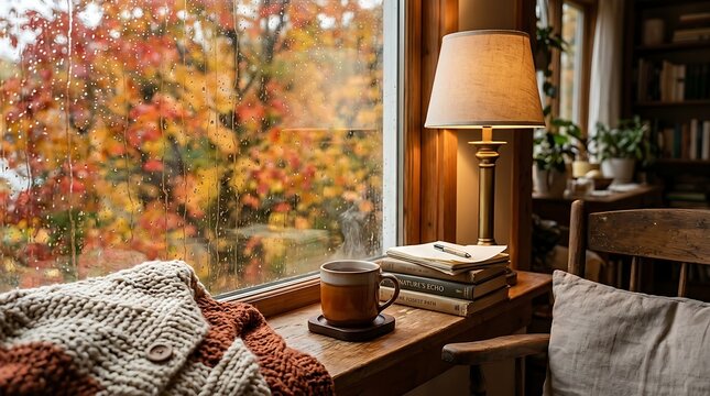 Cozy autumn window scene with steaming coffee and fall foliage outside
