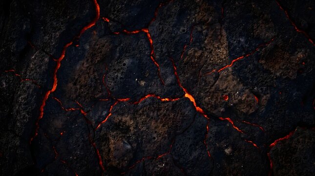 Fiery Volcanic Rock Surface Texture Featuring Glowing Magma Cracks Background