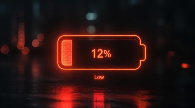 Low battery indicator glowing with red light in dark urban environment