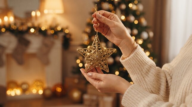 Christmas tree decoration concept photo. Woman hands holding golden star ornament. Festive living room interior background with glowing string lights and fireplace. Holiday season preparation