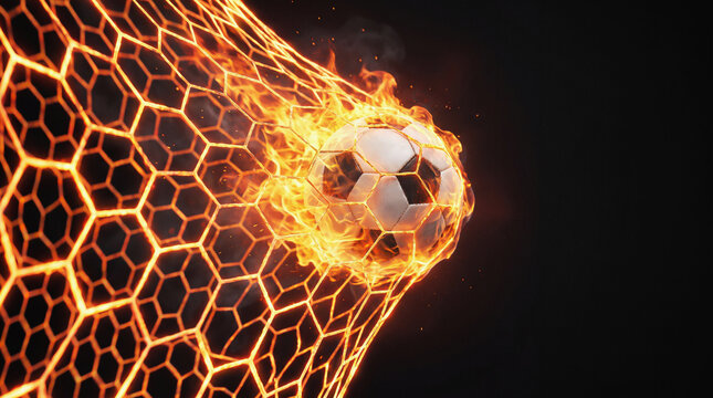 Burning soccer ball. Fire embers particles over black background. Fire sparks background.