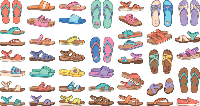 Summer sandals and flip flops vector icons collection featuring colorful beach footwear slippers slide shoes and casual open toe gear
