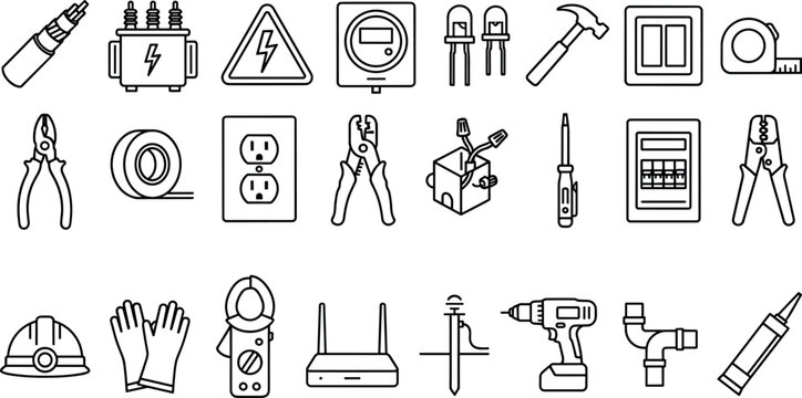 Electrical installation hardware icon set with clamp meter power drill and wire strippers outline elements for technician repair branding design