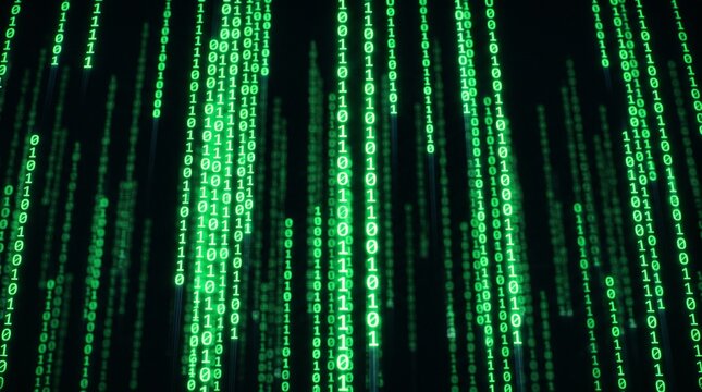Green binary code lines streaming on a black background