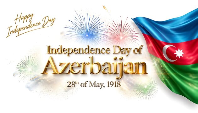Independence Day of Azerbaijan Celebration. Golden 3D Text with Blue Red and Green Azerbaijan Flag, Fireworks, 28th May 1918 National Day Banner Design.