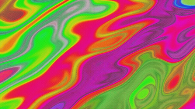 Abstract iridescent halftone background dot pattern with neon pink and bright green fluid shapes and holographic rainbow color shift. Lives in Y2K fashion and 2000s DJ music album design.