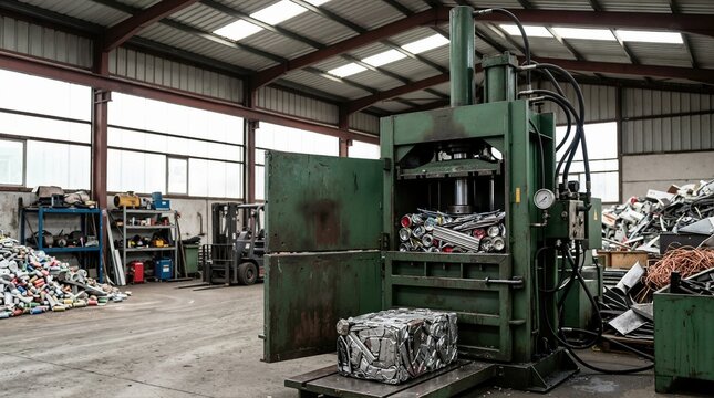 Industrial hydraulic metal baling press machine in a recycling facility. Compacted metal scrap bale on floor near baler in scrap yard workshop