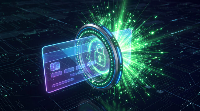 Secure Transaction Gateway: A digital credit card interacts with a glowing portal displaying a padlock icon.