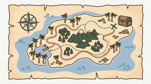 Treasure map illustration featuring tropical island with mountains and chest symbol