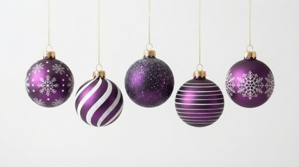Obraz premium Merry Christmas Five hanging purple Christmas ornaments with snowflake and striped patterns isolated on white background for Merry Christmas Day