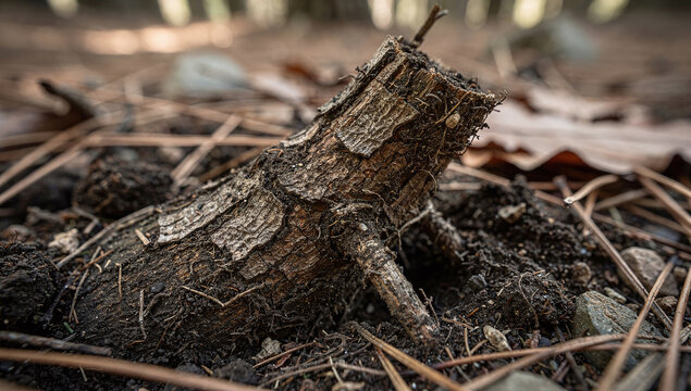 a small broken tree stump sticking out of the ground in a forest