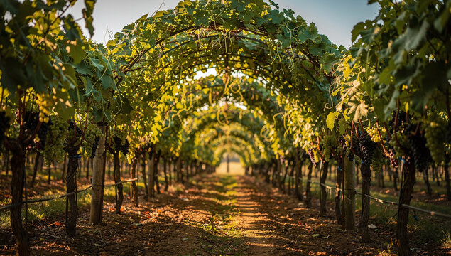 a long vineyard tunnel with green leaves and ripe grape clusters hanging from the overhead trellis