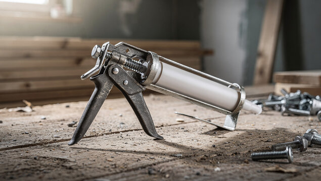 a caulking gun with a white cartridge resting on a wooden workbench in a workshop