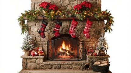 Fototapeta premium Merry Christmas Stone fireplace decorated with red plaid stockings and festive greenery for family gathering on Merry Christmas Day