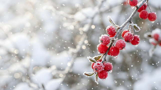 舞い散る雪と霜で覆われた冬の枝に実る鮮やかな赤い木の実