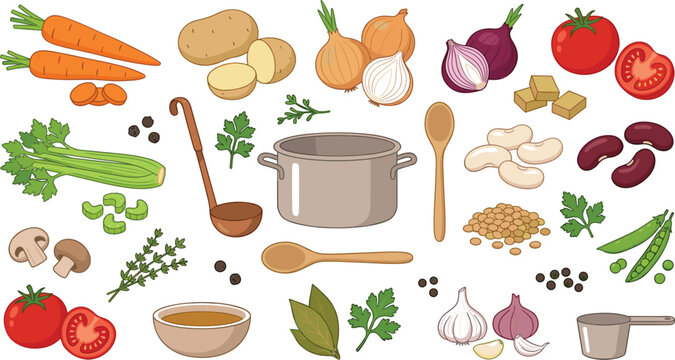 Soup Making and Homemade Broth Ingredients Vector Icon Set featuring Stock Pot, Ladle, Vegetables, Beans, Herbs, Spices, and Bouillon Cubes for Cooking Designs
