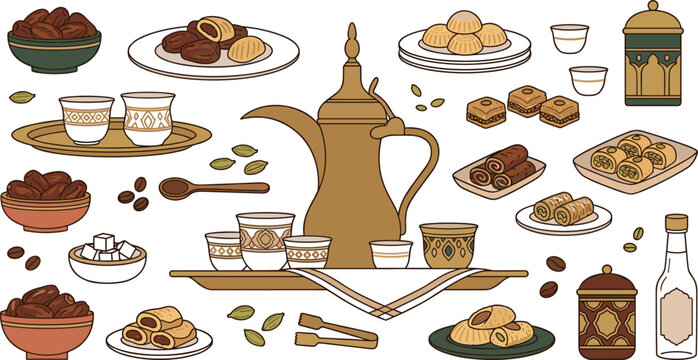 Traditional Arabic coffee and sweets set vector icons with dallah pot dates baklava maamoul finjan cups isolated white background for ramadan iftar menu design