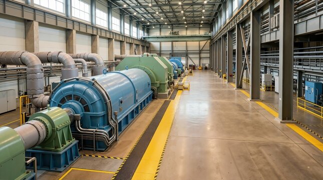Nuclear plant turbine generator hall interior with large industrial machinery. Power station turbine hall with heavy equipment and yellow safety walkways