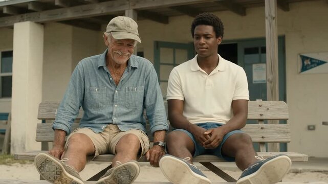 Two Men Sitting Together on Bench Outside Coastal Building