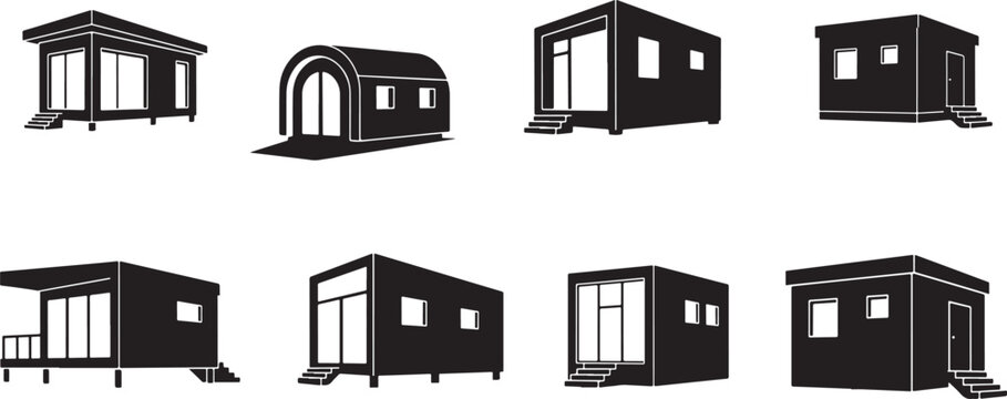 Modern prefabricate modular tiny house black silhouette icons collection on grid background for real estate and minimal lifestyle.