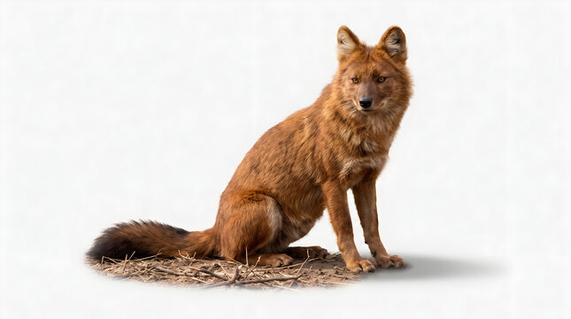 Dhole asian wild dog sitting alertly on isolated white background.