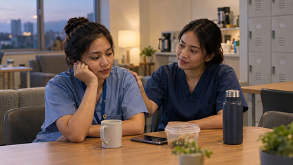 Fototapeta premium Two Nurses Supporting Each Other After Difficult Shift in Hospital Break Room