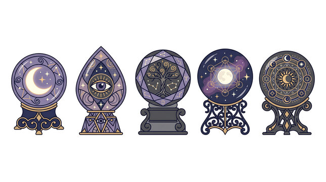 Crystal ball collection featuring mystical symbols and esoteric elements in flat vector style