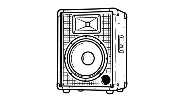 Line art illustration of an audio amplifier or large musical speaker cabinet. Vector outline graphic isolated on white background.