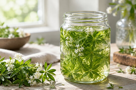 Fresh sprigs of sweet woodruff submerged in clear liquid in a jar.