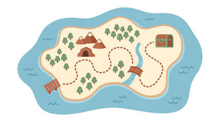 Naklejka premium Treasure map illustration featuring a deserted island with mountains and route leading to chest