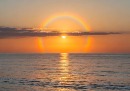 Beautiful orange sunset over the calm ocean water with sun reflection and horizon line