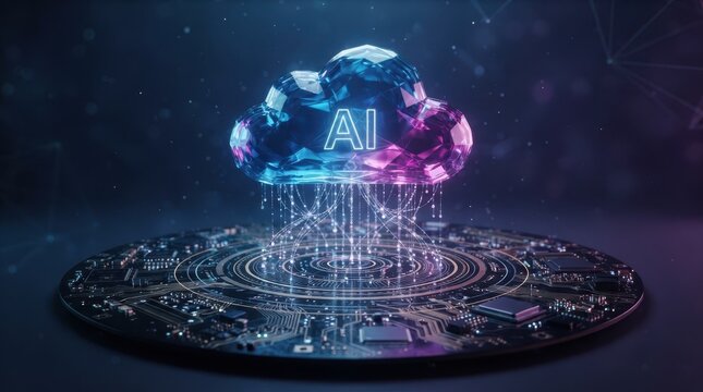Abstract artificial intelligence cloud computing concept with glowing network data connections over digital motherboard processor