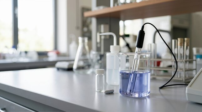pH meter probe immersed in a beaker of purple liquid in a laboratory. Chemical testing and scientific research equipment on a lab bench