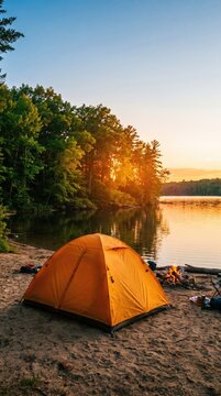 Outdoor camping photo. tent in the middle of nature, beautiful landscape. natural, protected area. image created with ai