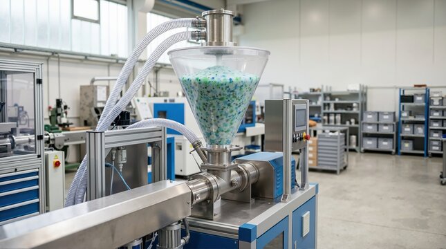 Industrial plastic pellets hopper feeding machine in a factory. Automated production line equipment with material storage and transparent funnel. Manufacturing and processing technology concept
