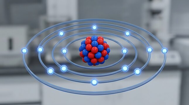 3D atomic structure model with orbiting electrons and a central nucleus in a laboratory