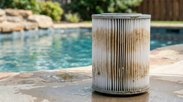 Dirty pleated pool filter cartridge resting outdoors on concrete ground. Used water filtration element with trapped debris and sediment near swimming pool edge. Maintenance and cleaning concept