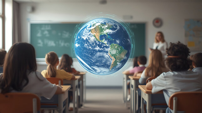 Students in classroom watching a holographic earth globe projection
