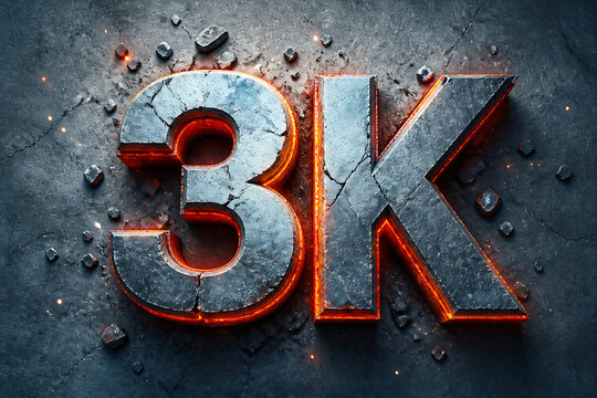 A stylized, cracked metallic text reading "3K" is displayed against a dark, textured background.