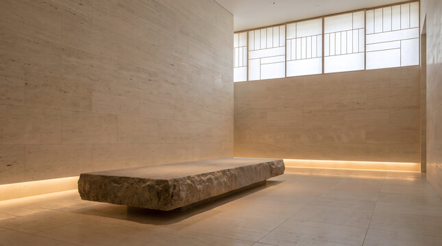 Rough cut monolithic stone slab bench inside minimalist travertine gallery with clerestory window lighting