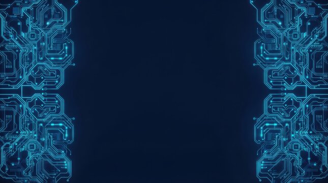 Symmetrical digital circuit board design with glowing blue light paths on dark background for tech communication concepts