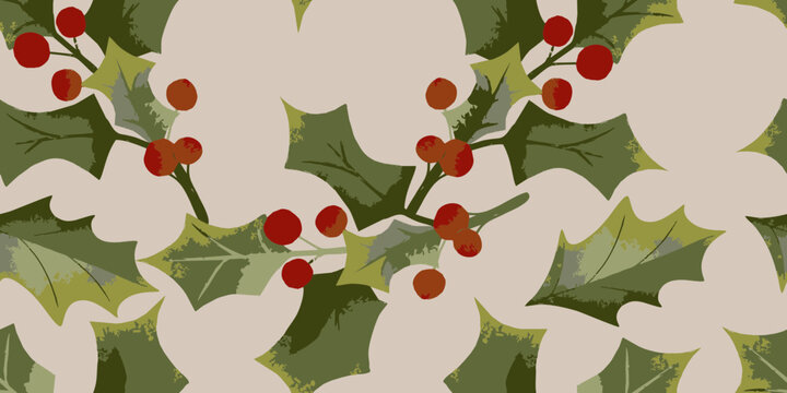 Holly Leaves and Berries Christmas Pattern Background